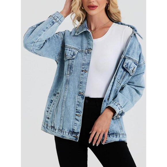 Women's Oversized Denim Jacket Jean Jacket Trendy Loose Fall Trucker Light Blue - Picture 6 of 7
